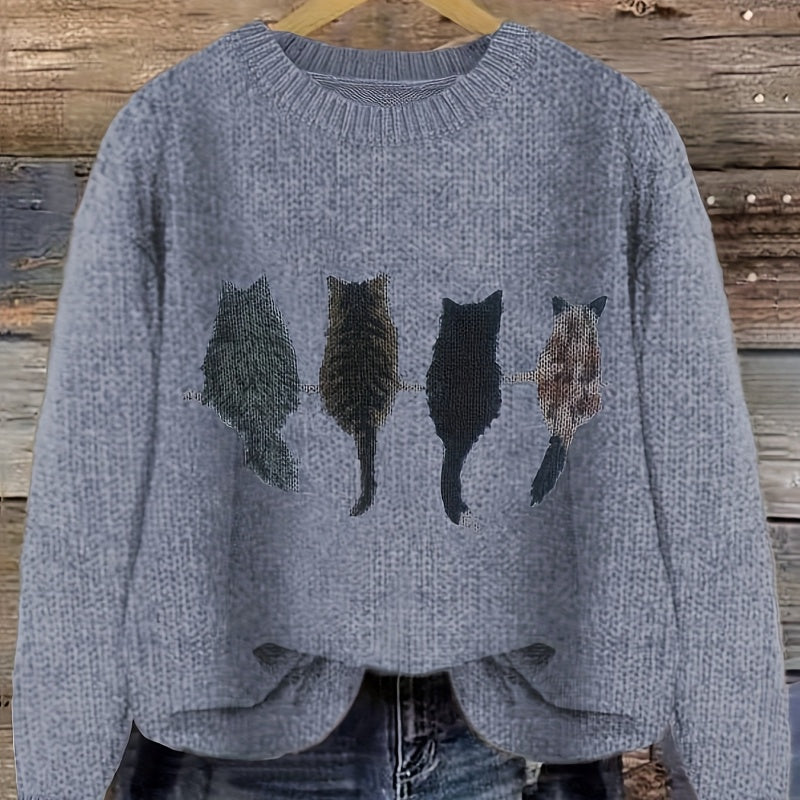 Matilda Green | Cat Print Crew Neck Knit Sweater