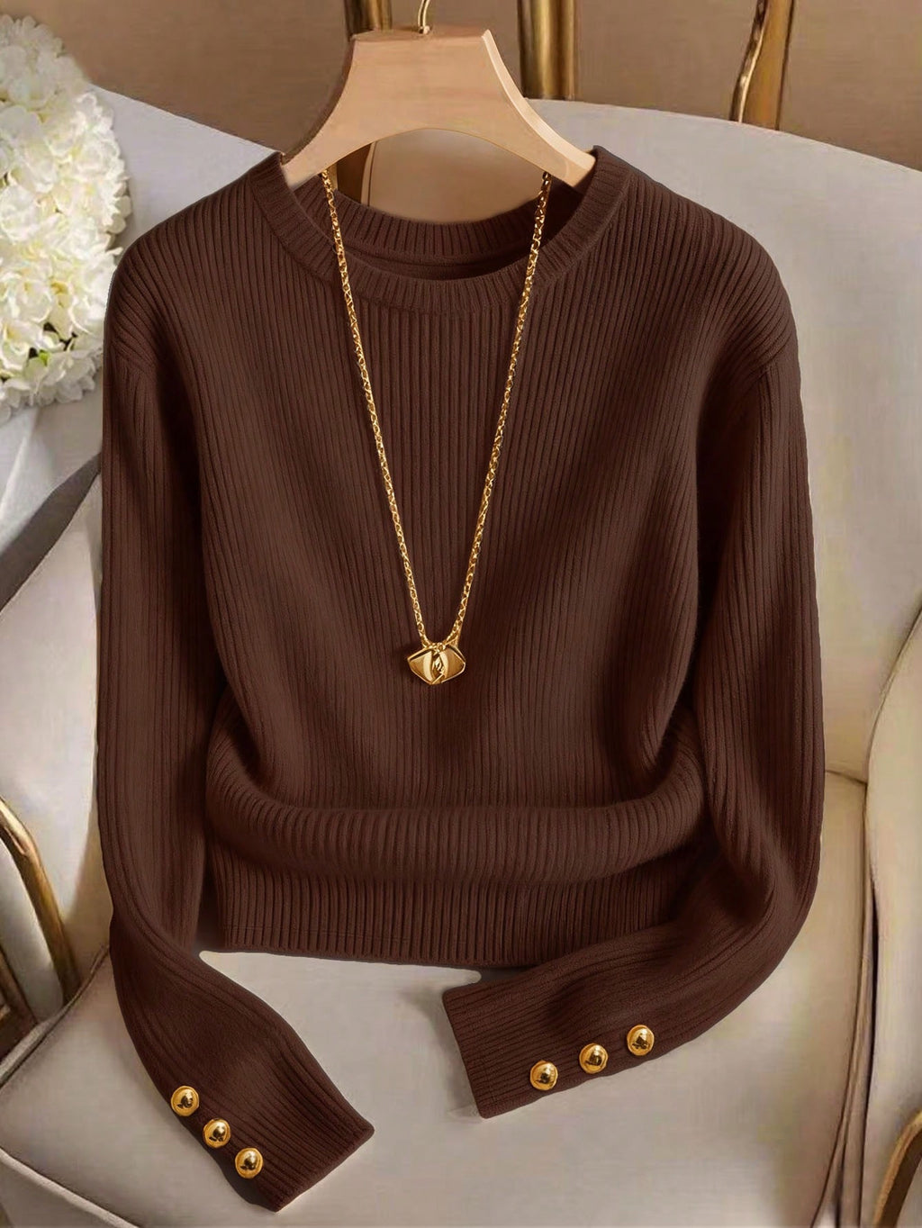Rosamund Fairweather | Ribbed Knit Long-Sleeve Top with Gold Button Cuffs