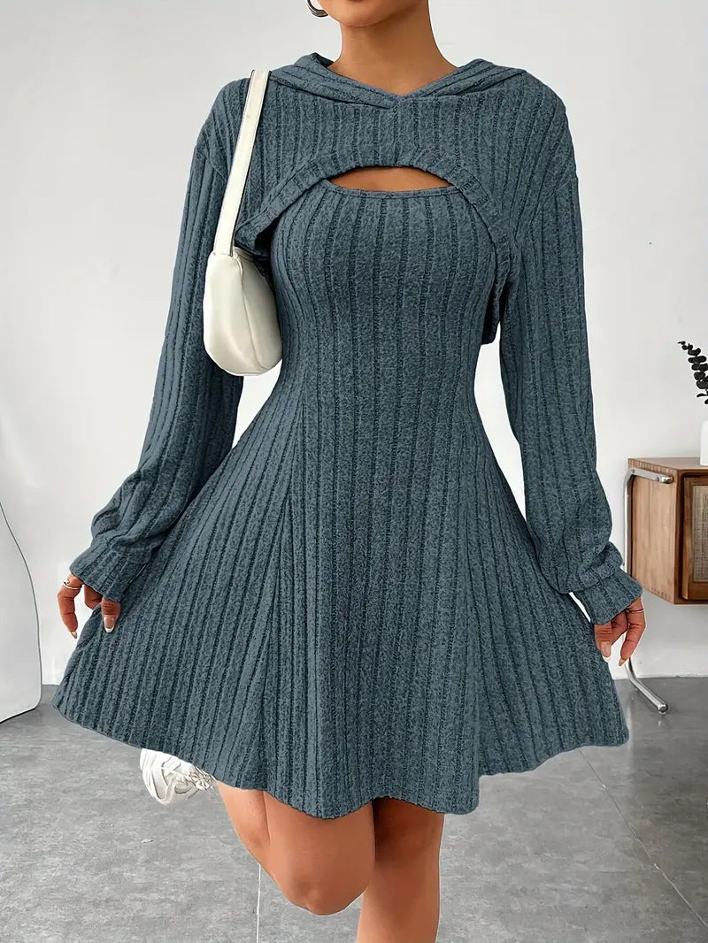 Verity Jones | Ribbed Knit Hooded Mini Dress with Layered Vest