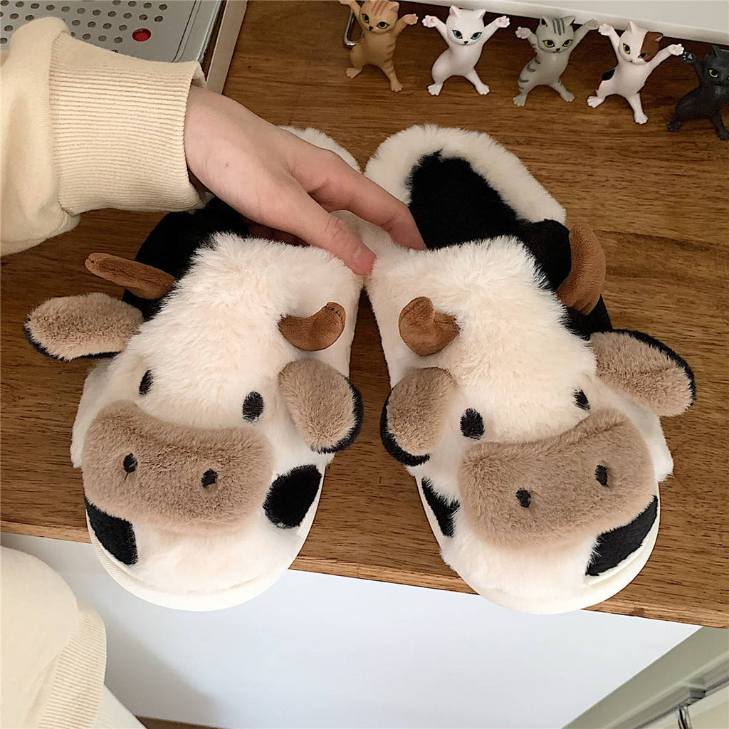 Millicent Hill | Cosy Cow Print Plush Slippers