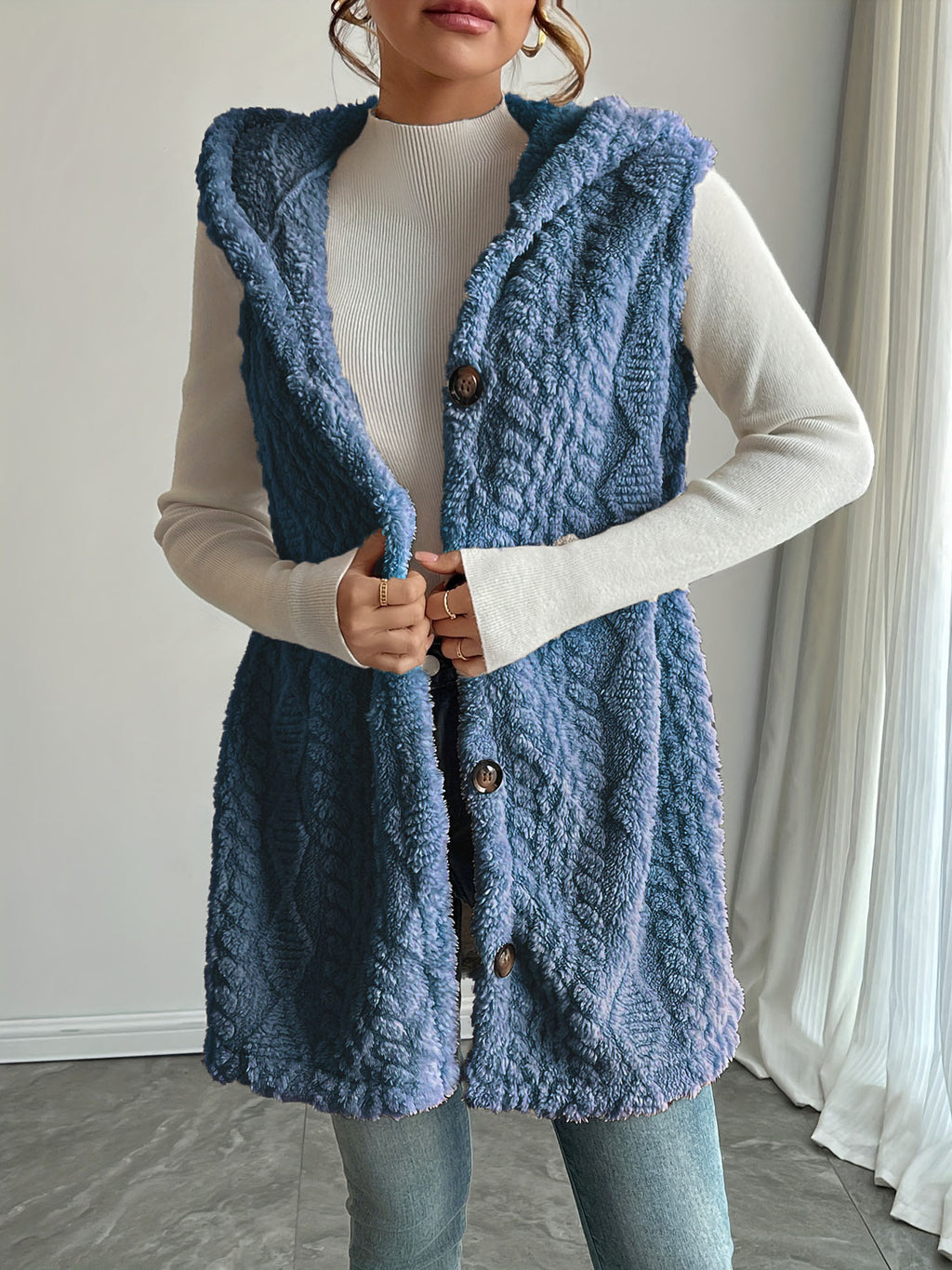 Beatrice Turner | Hooded Faux Fur Cable Knit Vest Cardigan