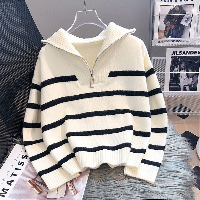 Siobhan Byrne | Striped Half-Zip Collared Knit Sweater