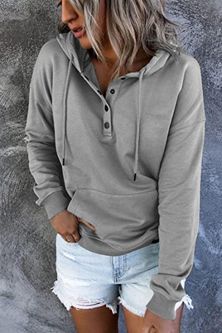 Hattie Marsh | Blue Hooded Button Drawstring Sweatshirt For Women