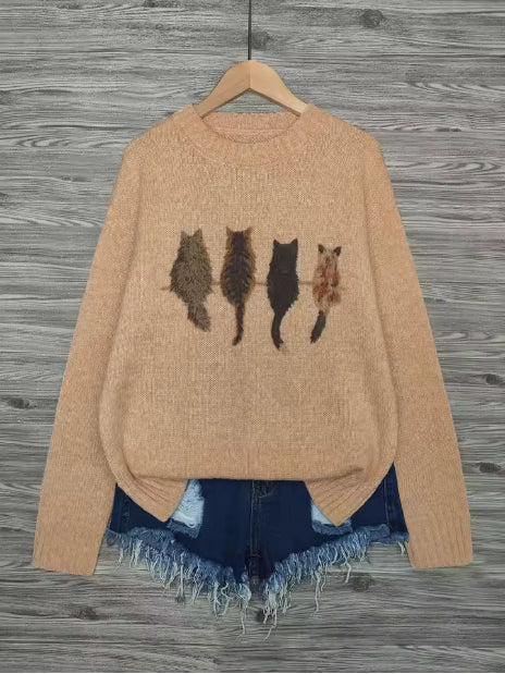Matilda Green | Cat Print Crew Neck Knit Sweater