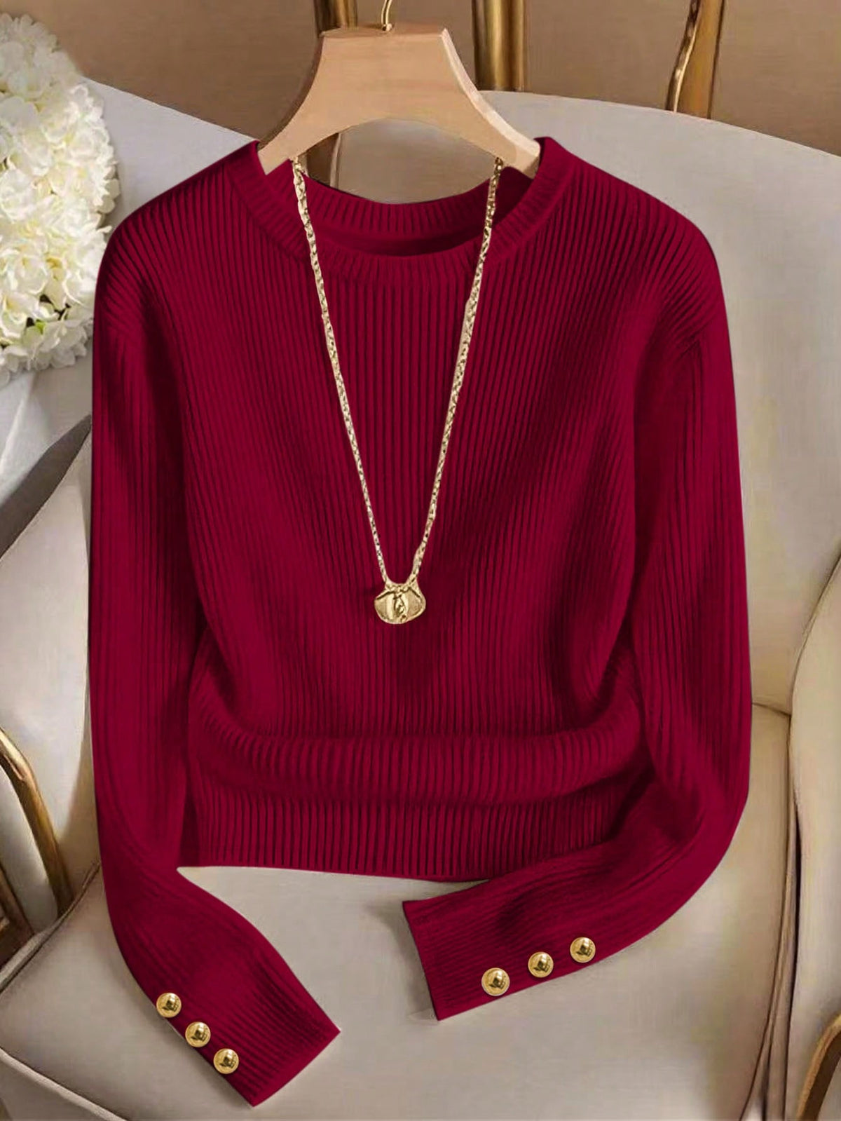 Rosamund Fairweather | Ribbed Knit Long-Sleeve Top with Gold Button Cuffs