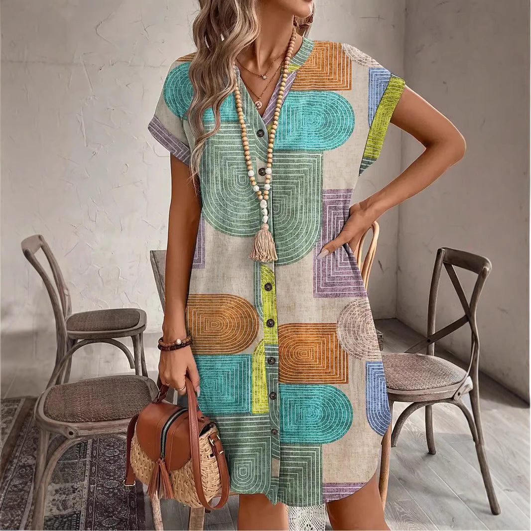 Harriet Landon | Geometric Print Shirt Dress With V-Neck