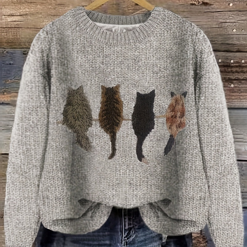 Matilda Green | Cat Print Crew Neck Knit Sweater