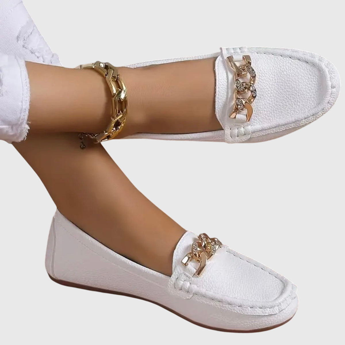 Beatrice Fowler | White Leather Loafers With Gold Chain Detail