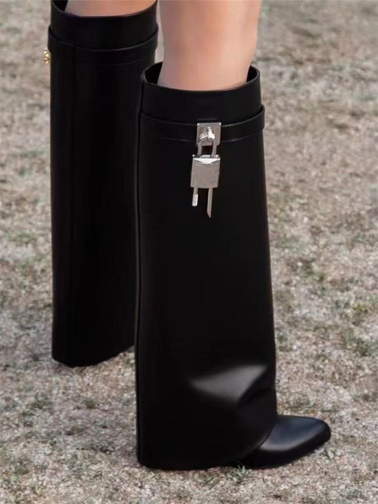 Cordelia Fairweather | Pointed Toe Fold-Over Boots with Gold Buckle