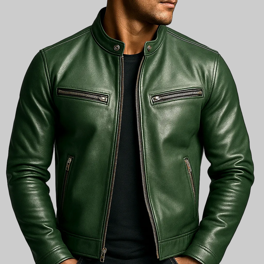 Vintage Faux Leather Biker Jacket with Stand Collar and Zip Pockets