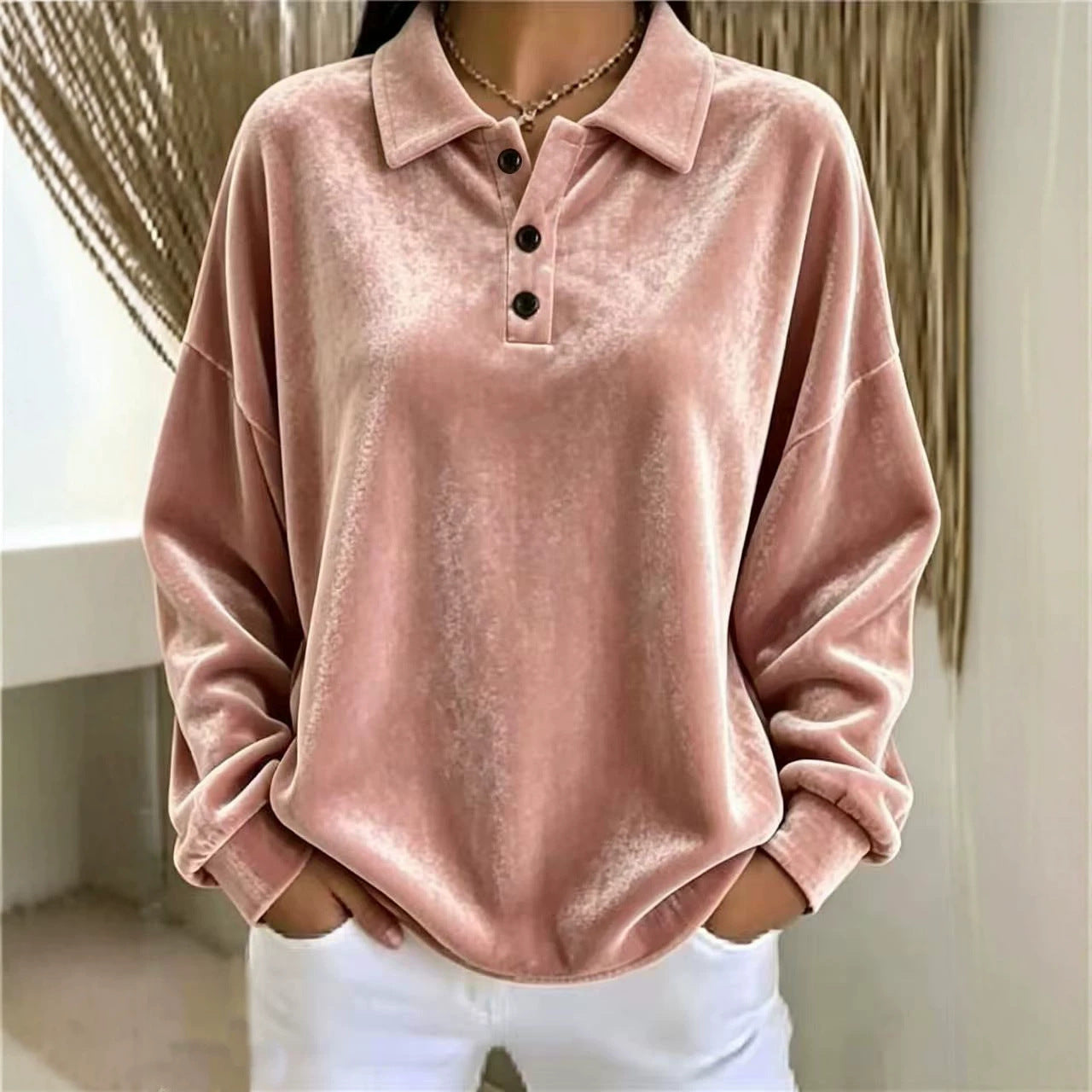 Eilidh Kennedy | Pink Velvet Long-Sleeve Polo Shirt
