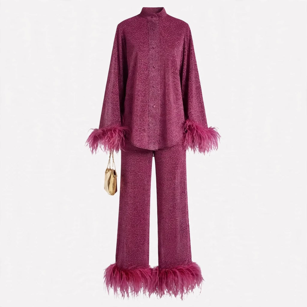 Constance Hartley | Feather-Trim Two-Piece Set With Metallic Shine
