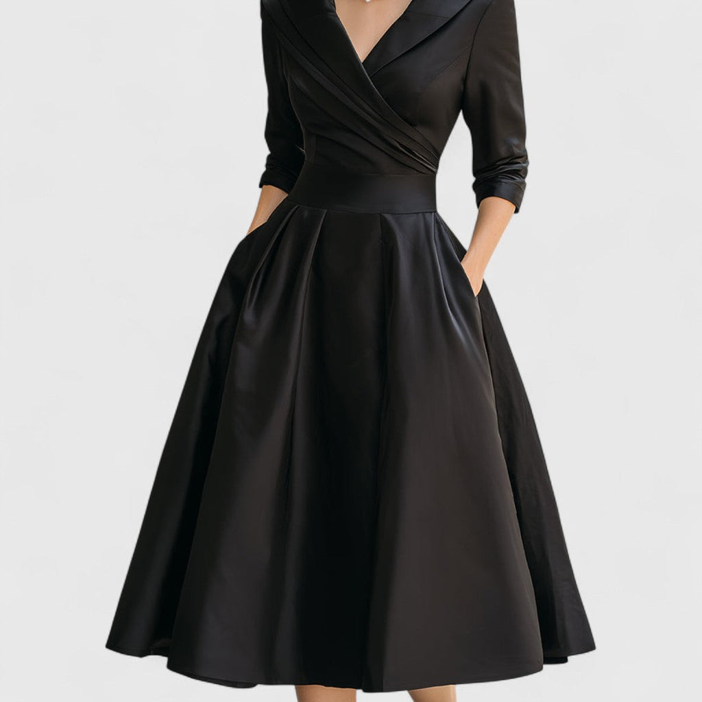V-Neck Midi Dress with Flared Skirt & Pockets