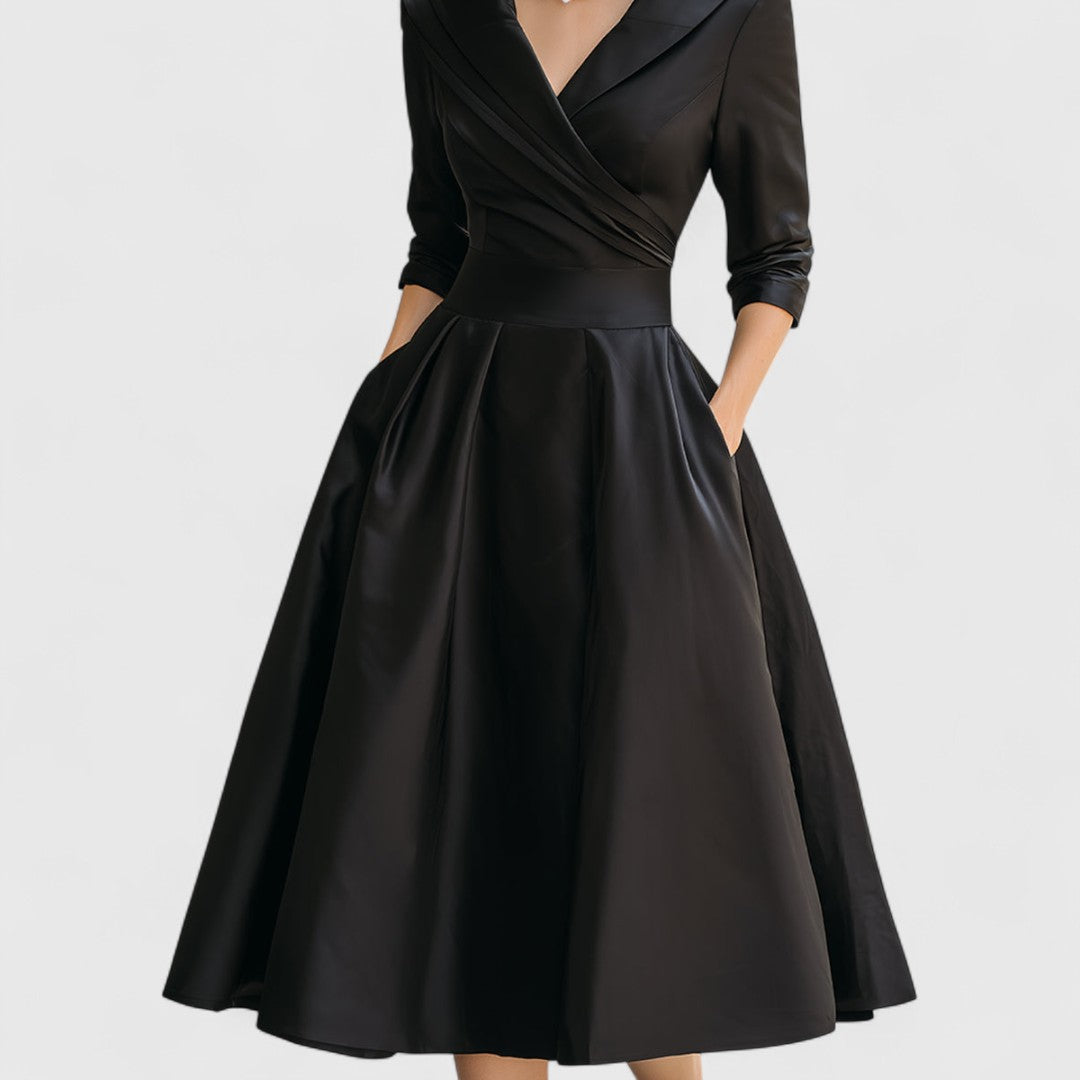 V-Neck Midi Dress with Flared Skirt & Pockets