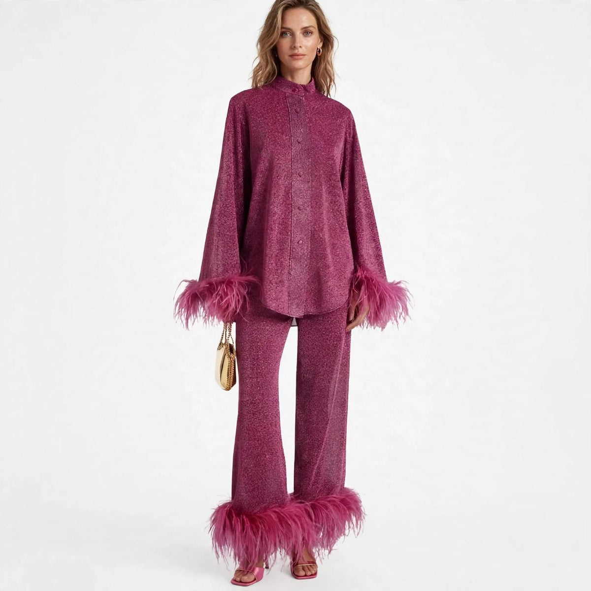 Constance Hartley | Feather-Trim Two-Piece Set With Metallic Shine