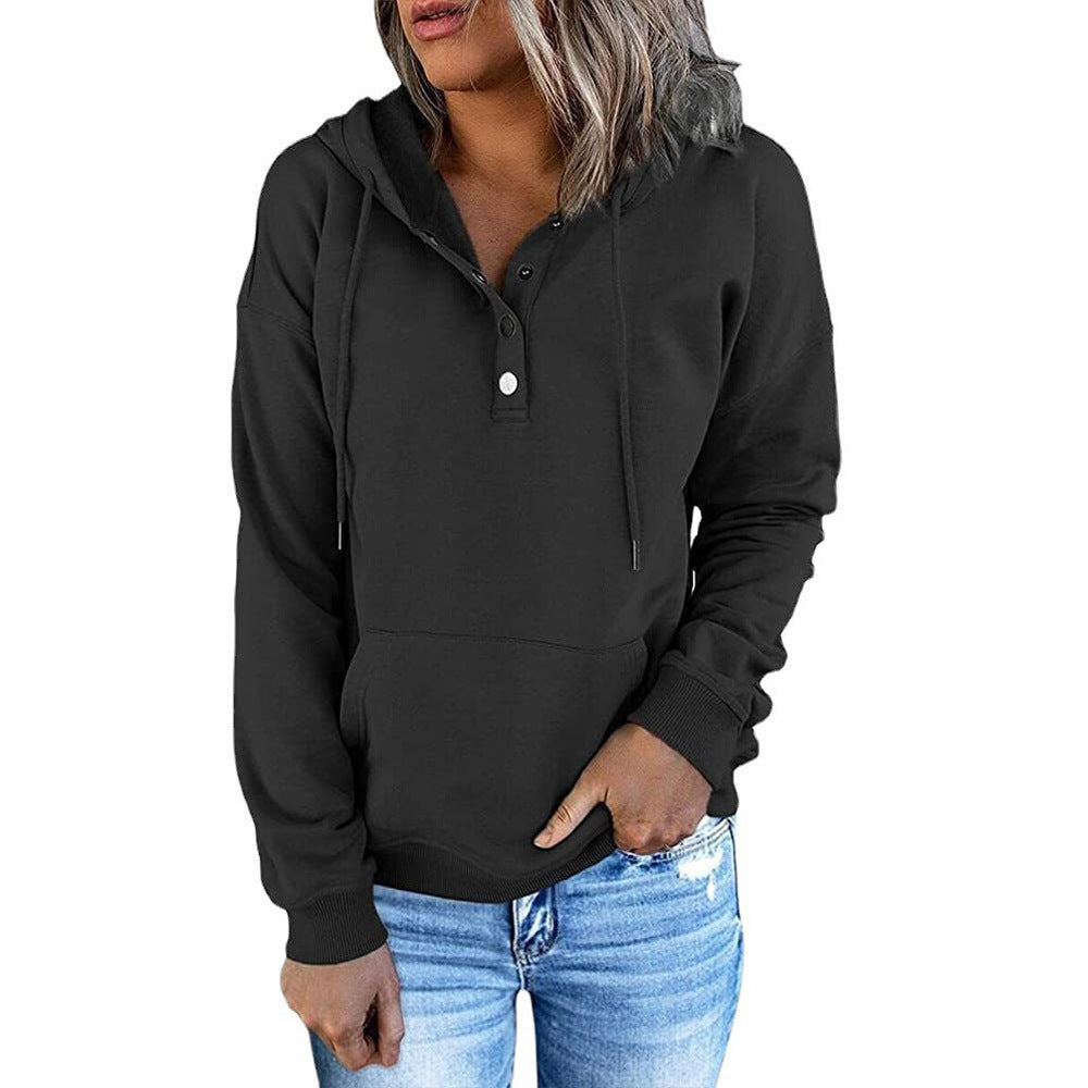 Hattie Marsh | Blue Hooded Button Drawstring Sweatshirt For Women