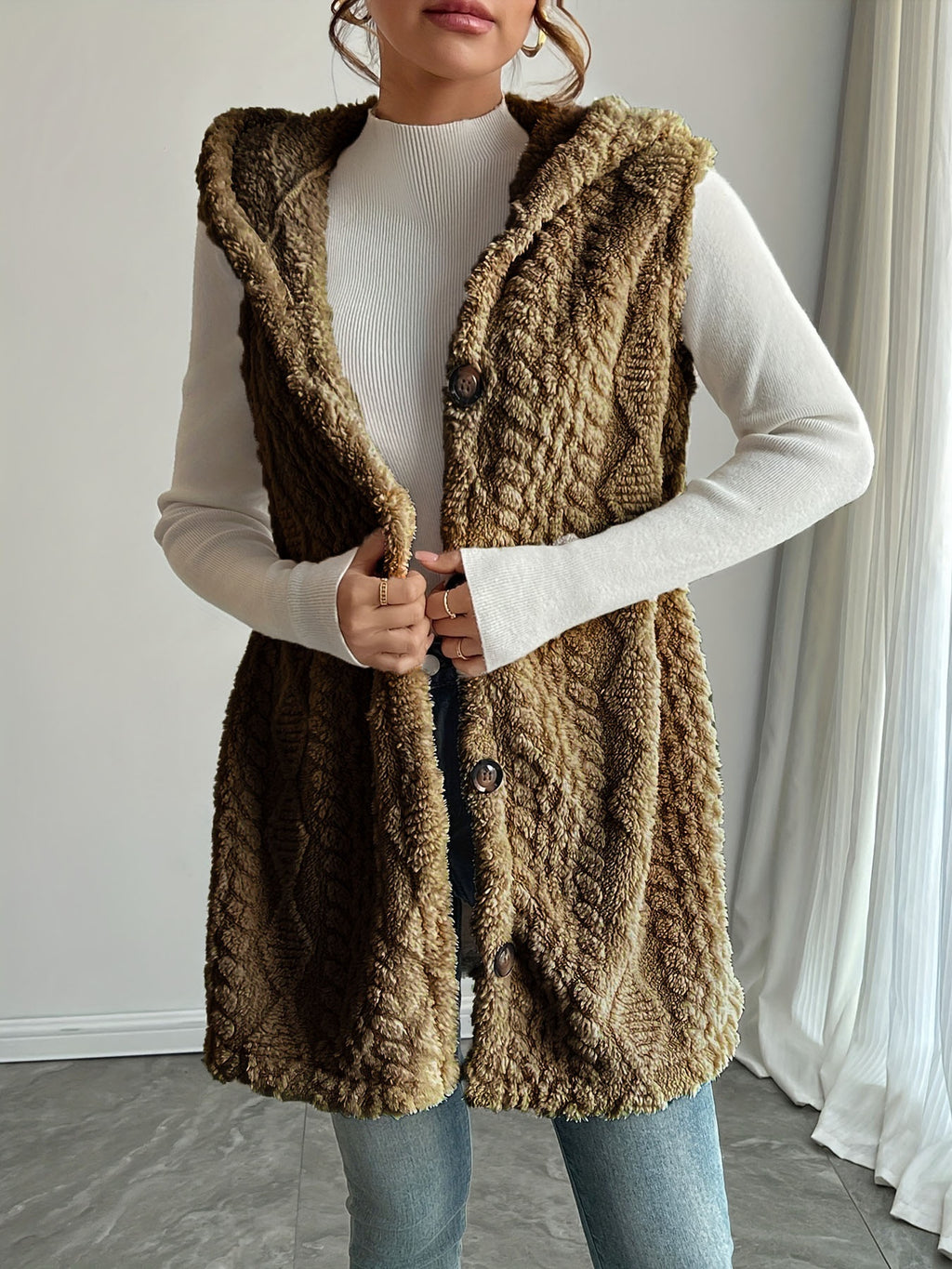 Beatrice Turner | Hooded Faux Fur Cable Knit Vest Cardigan