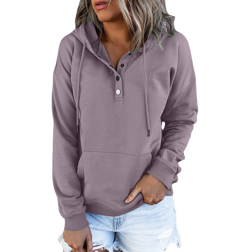 Hattie Marsh | Blue Hooded Button Drawstring Sweatshirt For Women