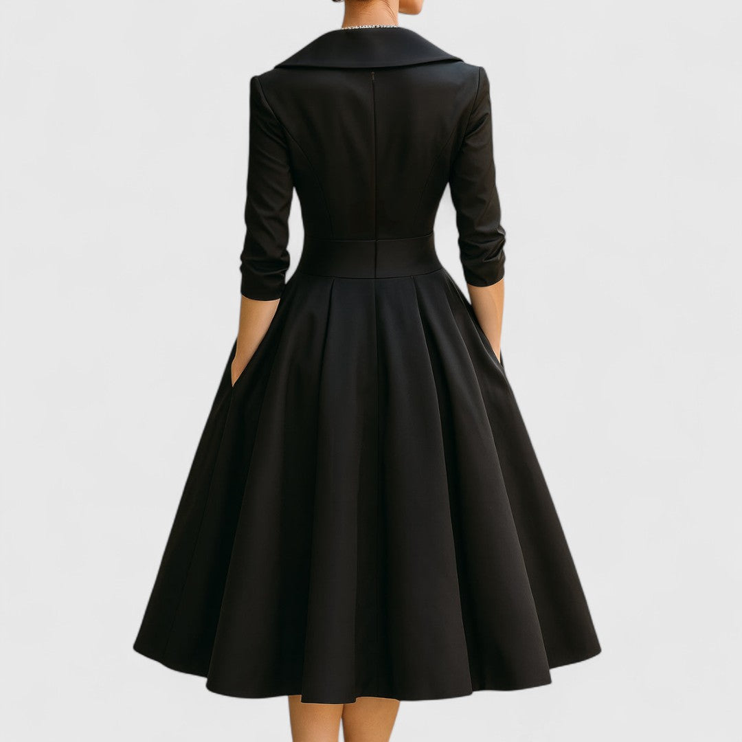 V-Neck Midi Dress with Flared Skirt & Pockets