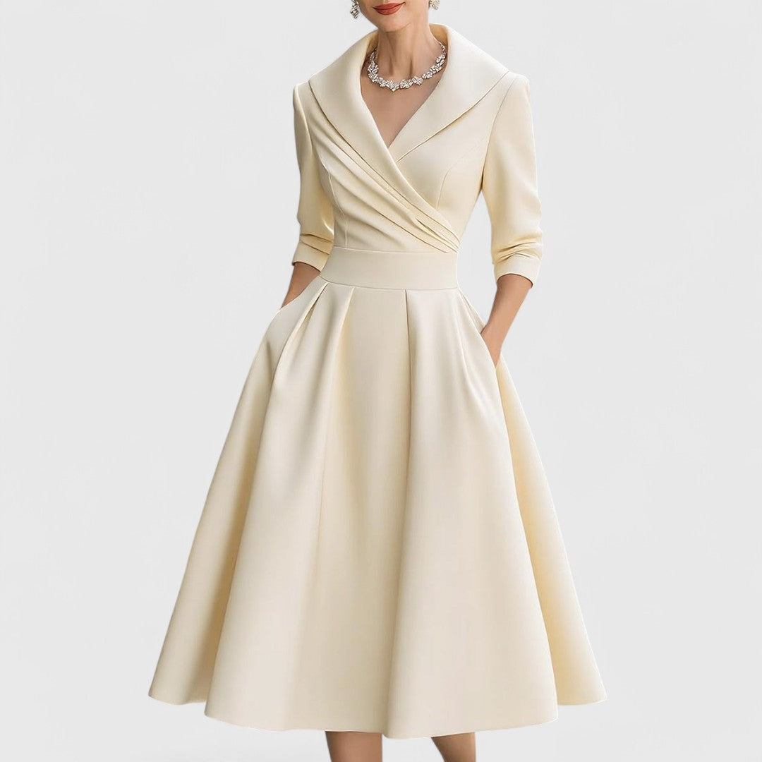 V-Neck Midi Dress with Flared Skirt & Pockets