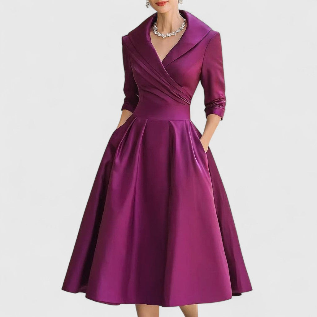 V-Neck Midi Dress with Flared Skirt & Pockets