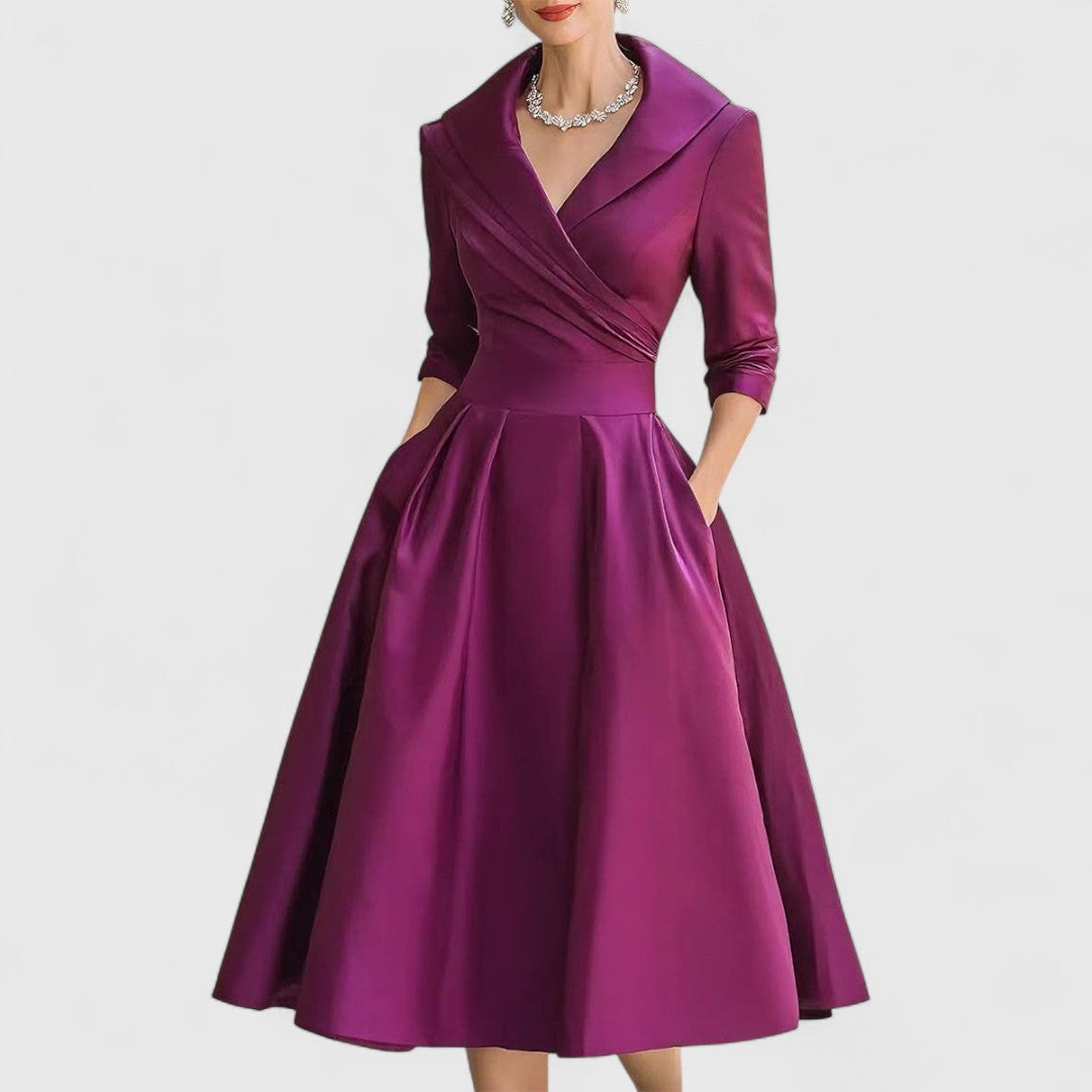 V-Neck Midi Dress with Flared Skirt & Pockets