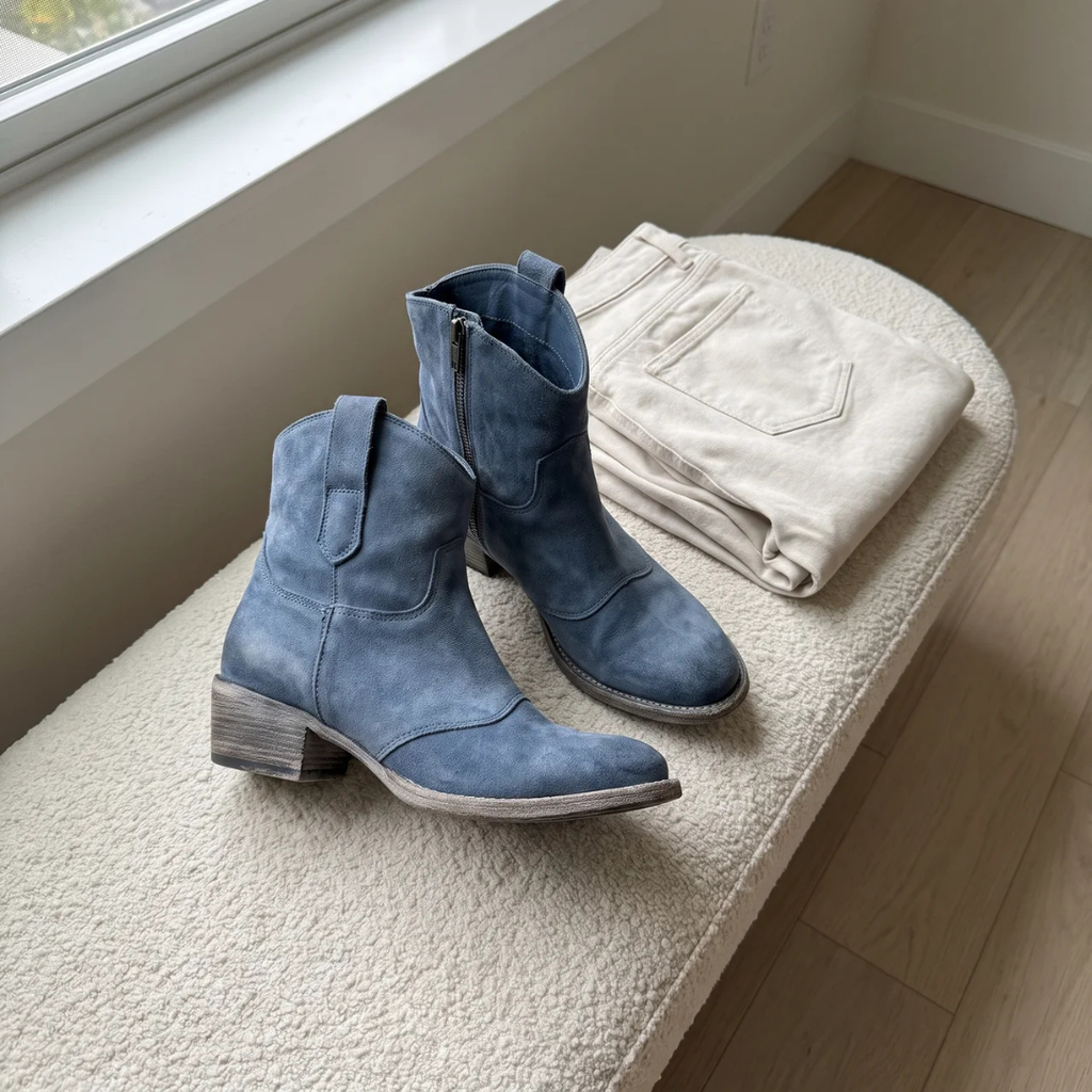 Women's Suede Ankle Boots with Low Block Heel and Side Zip
