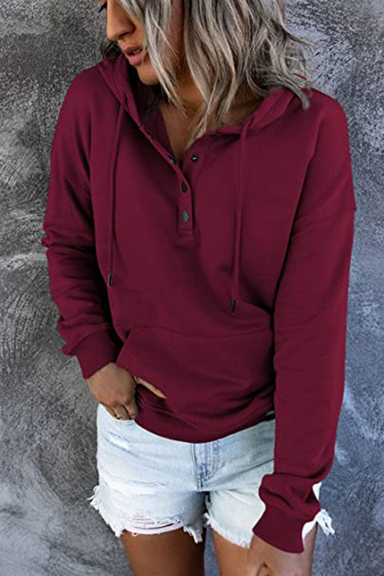 Hattie Marsh | Blue Hooded Button Drawstring Sweatshirt For Women
