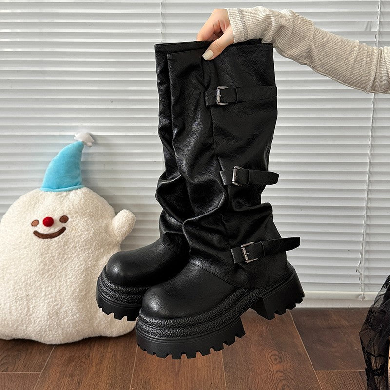Rosalind Chandler | Slouchy Knee-High Platform Boots With Buckle Straps