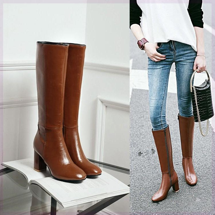 Nina Sutcliffe | Black Leather Knee-High Boots with Block Heel