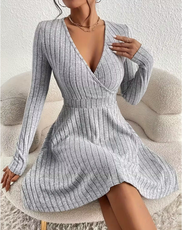 Diana Roberts | Ribbed Knit Wrap V-Neck Mini Dress