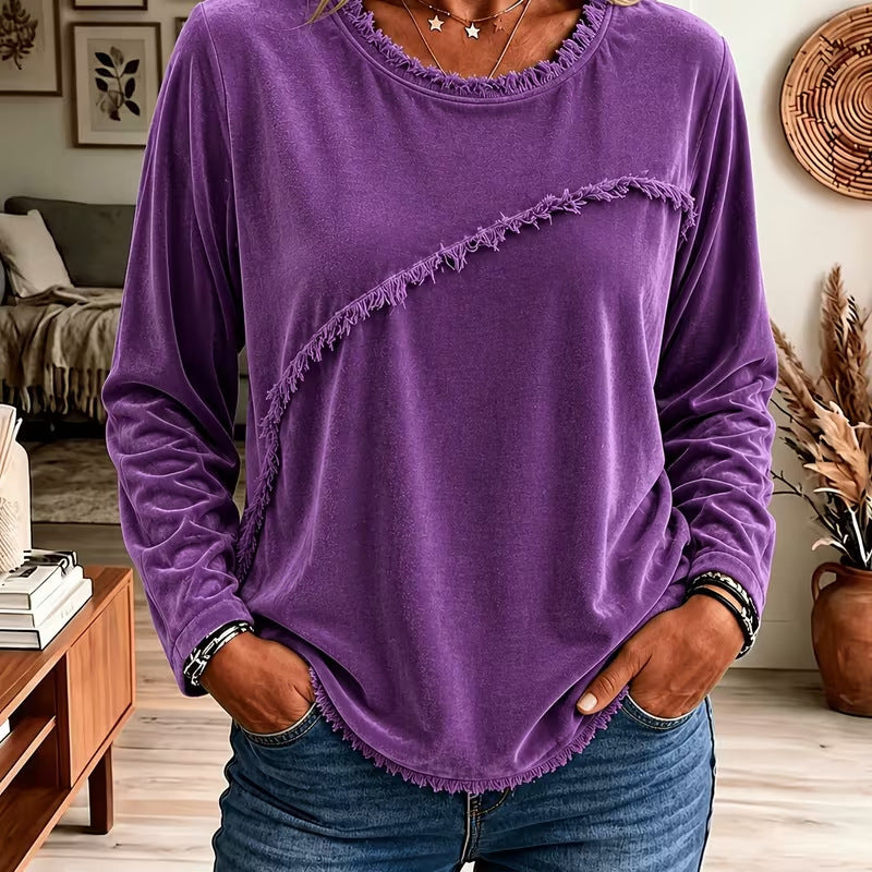 Isobel Grantham | Velvet Tassel Trim Round Neck Long Sleeve Top