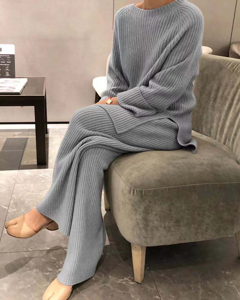 Florence Baker | Ribbed Knit Jumper & Wide-Leg Trousers Set For Women