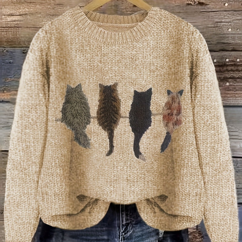 Matilda Green | Cat Print Crew Neck Knit Sweater