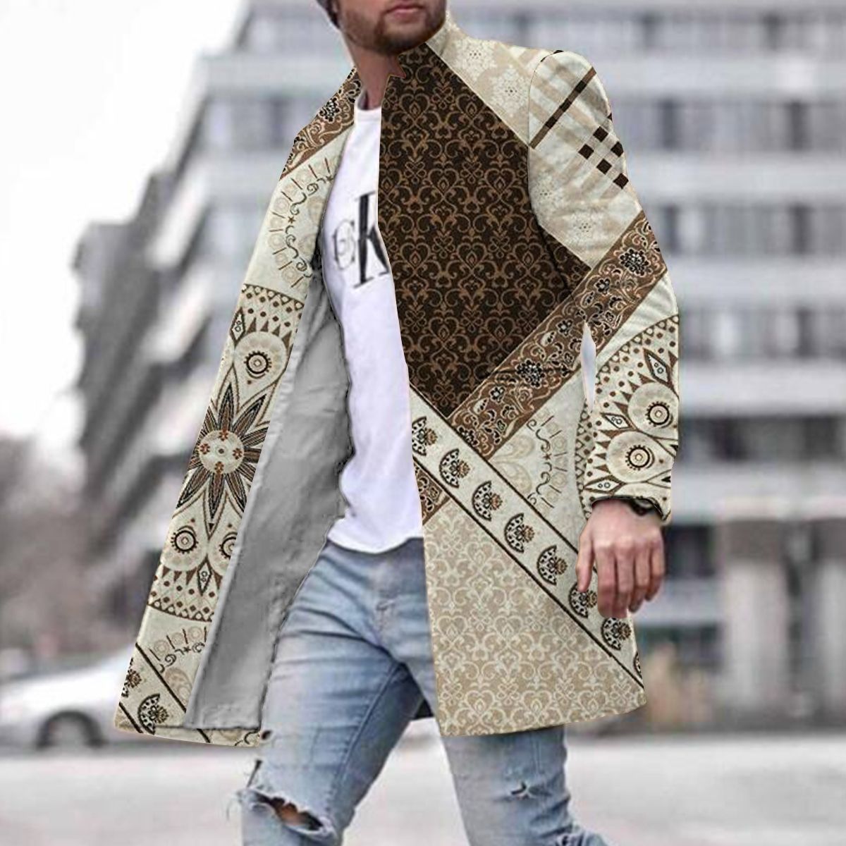 Callum Sinclair | Colour-Block Mens Coat With Printed Panel
