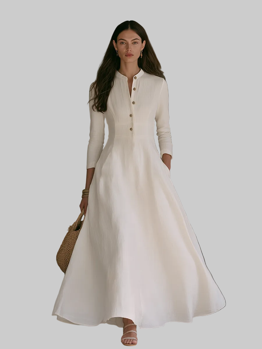 Women's Mandarin Collar Button-Front A-Line Maxi Dress