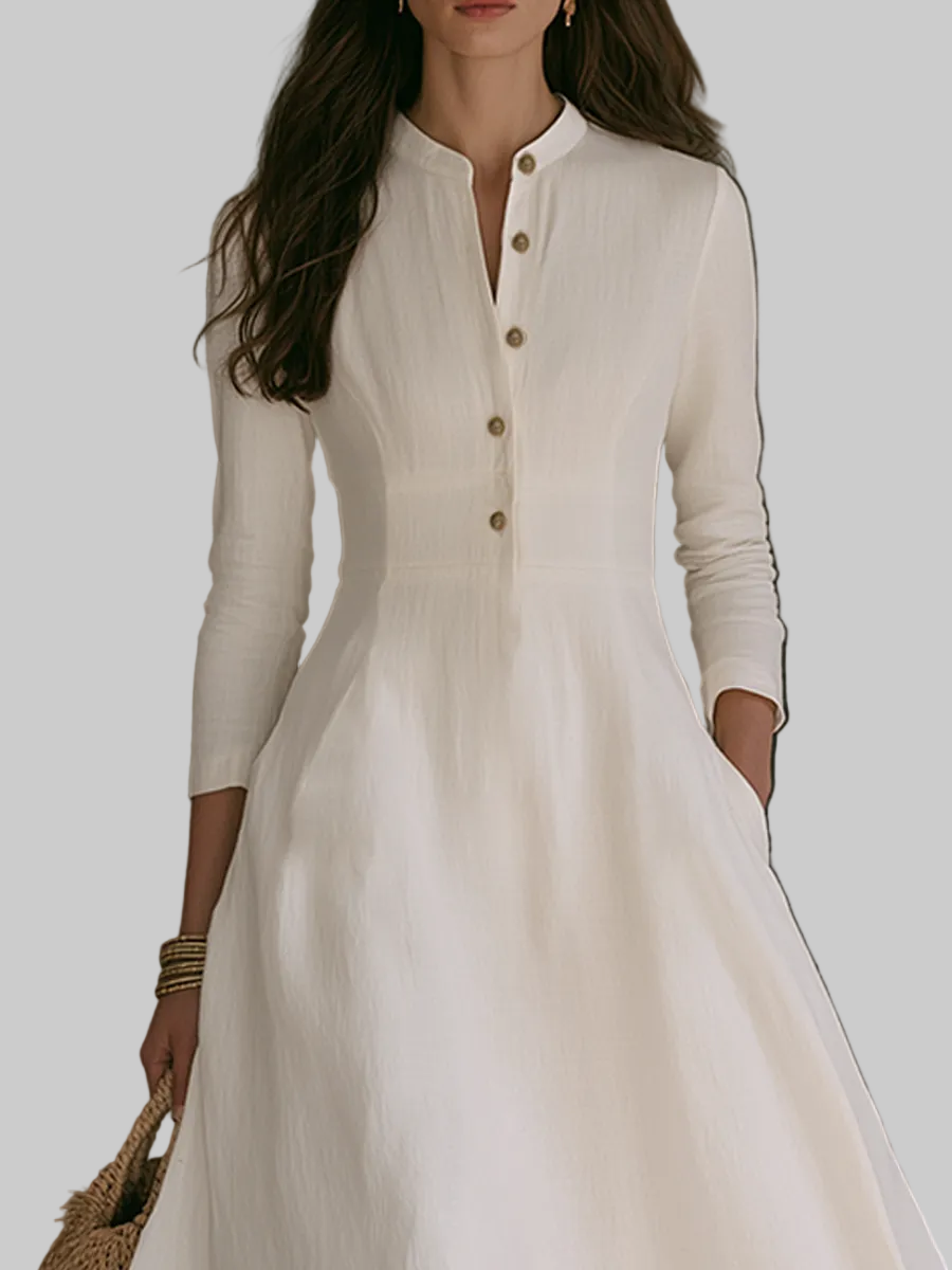 Women's Mandarin Collar Button-Front A-Line Maxi Dress