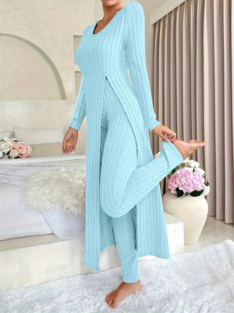 Lavinia Hartwell | Ribbed Knit Split Long Sleeve Two-Piece Set
