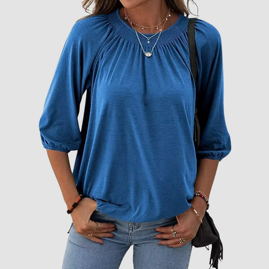 Marianne Osborne | Smocked Round Neck Blouse With Balloon Sleeves