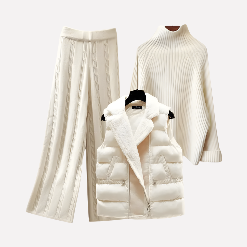 Isla Cooper | Cream Knit Turtleneck, Trousers & Padded Vest Set