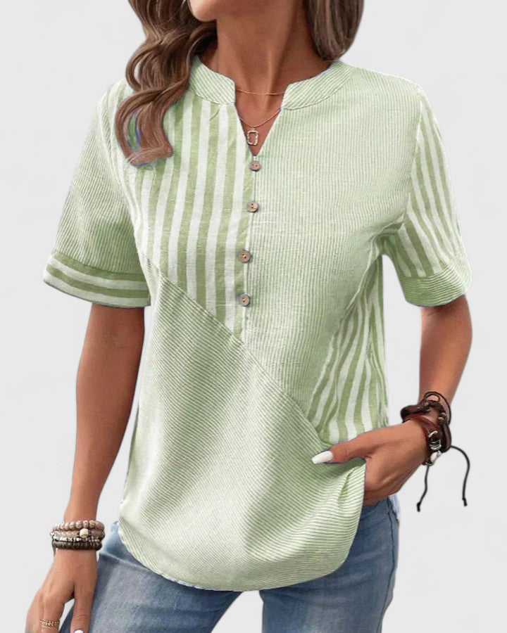 Eleanor Pemberton | Striped Notched-Neck Blouse With Button Detail