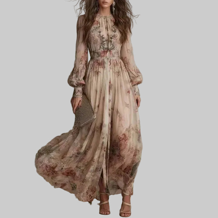Women's Vintage Floral High Neck Maxi Dress with Long Sleeves