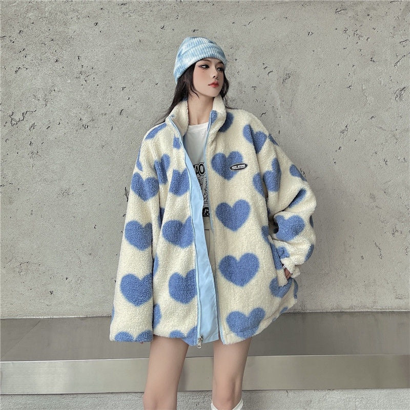 Verity Green | Heart Print Fleece Teddy Coat