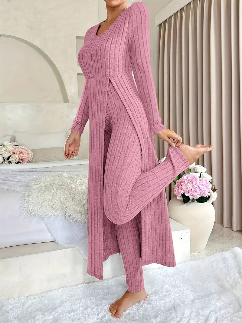 Lavinia Hartwell | Ribbed Knit Split Long Sleeve Two-Piece Set