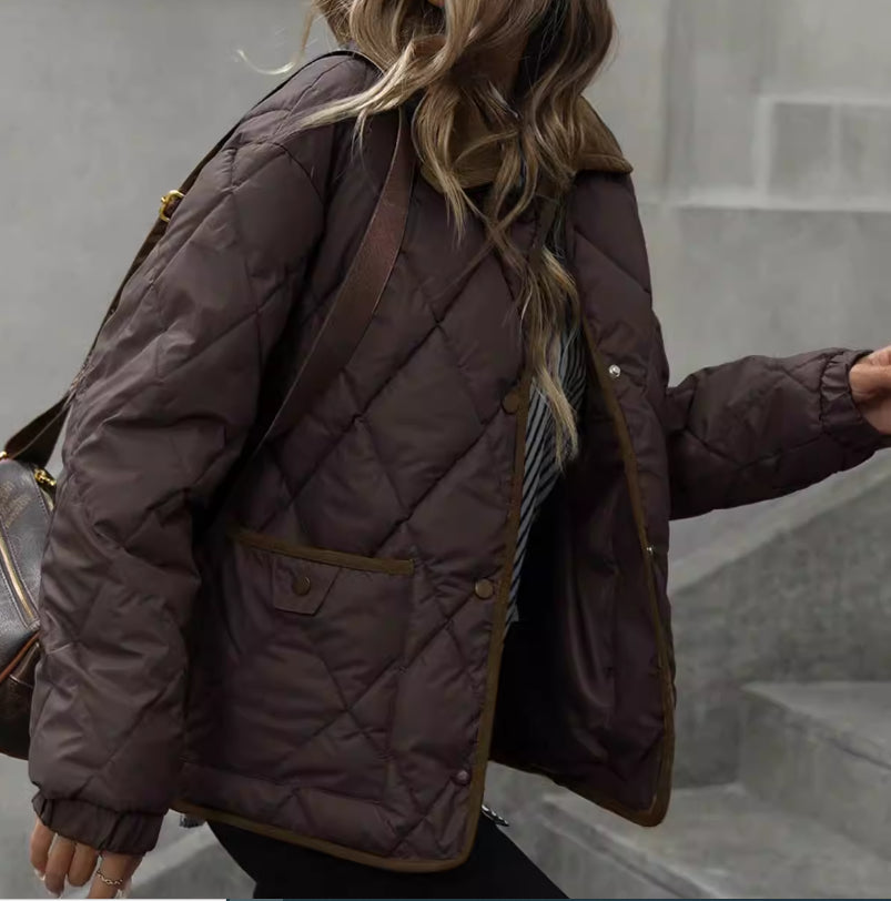 Cecily Evans | Quilted Diamond Puffer Coat with Lapel Collar