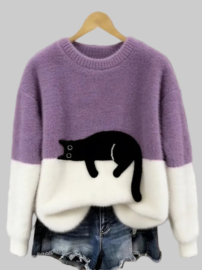 Women's Oversized Cat Print Crew Neck Jumper