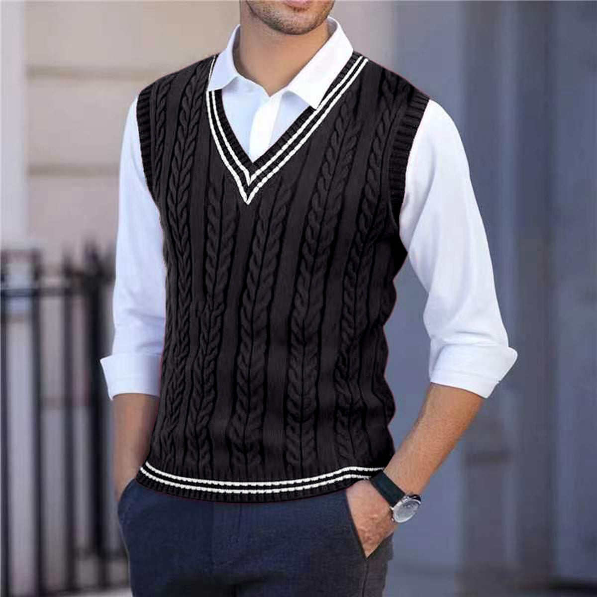 Theodore Sherbourne | V-Neck Cabled Knit Sweater Vest
