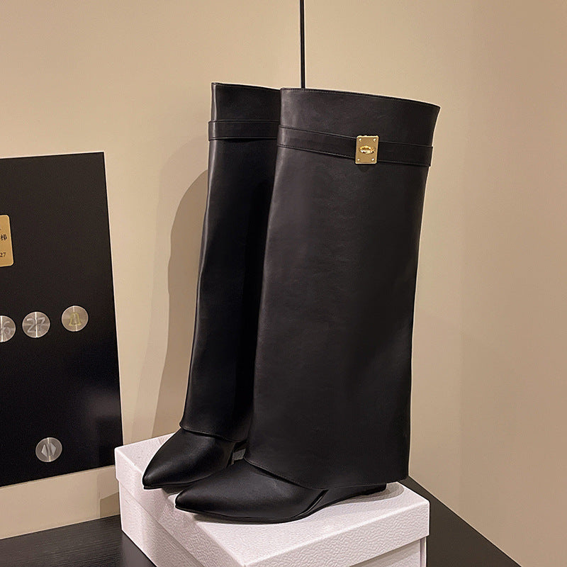 Cordelia Fairweather | Pointed Toe Fold-Over Boots with Gold Buckle