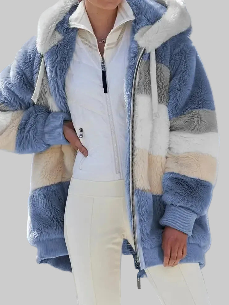 Hooded Winter Jacket with Full Zip Front and Colour Block Design