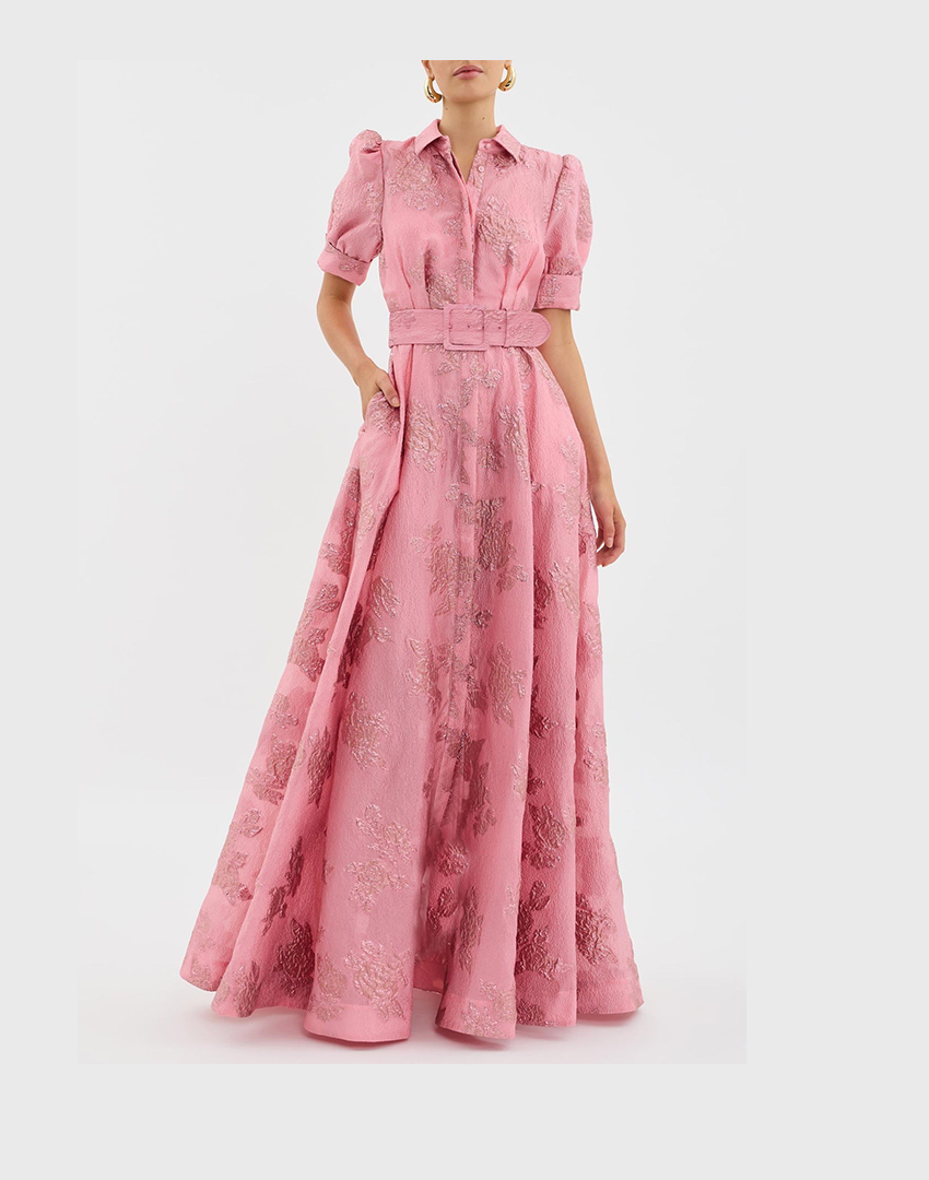 Daisy Fitzgerald | Belted Jacquard Maxi Dress With Puff Sleeves